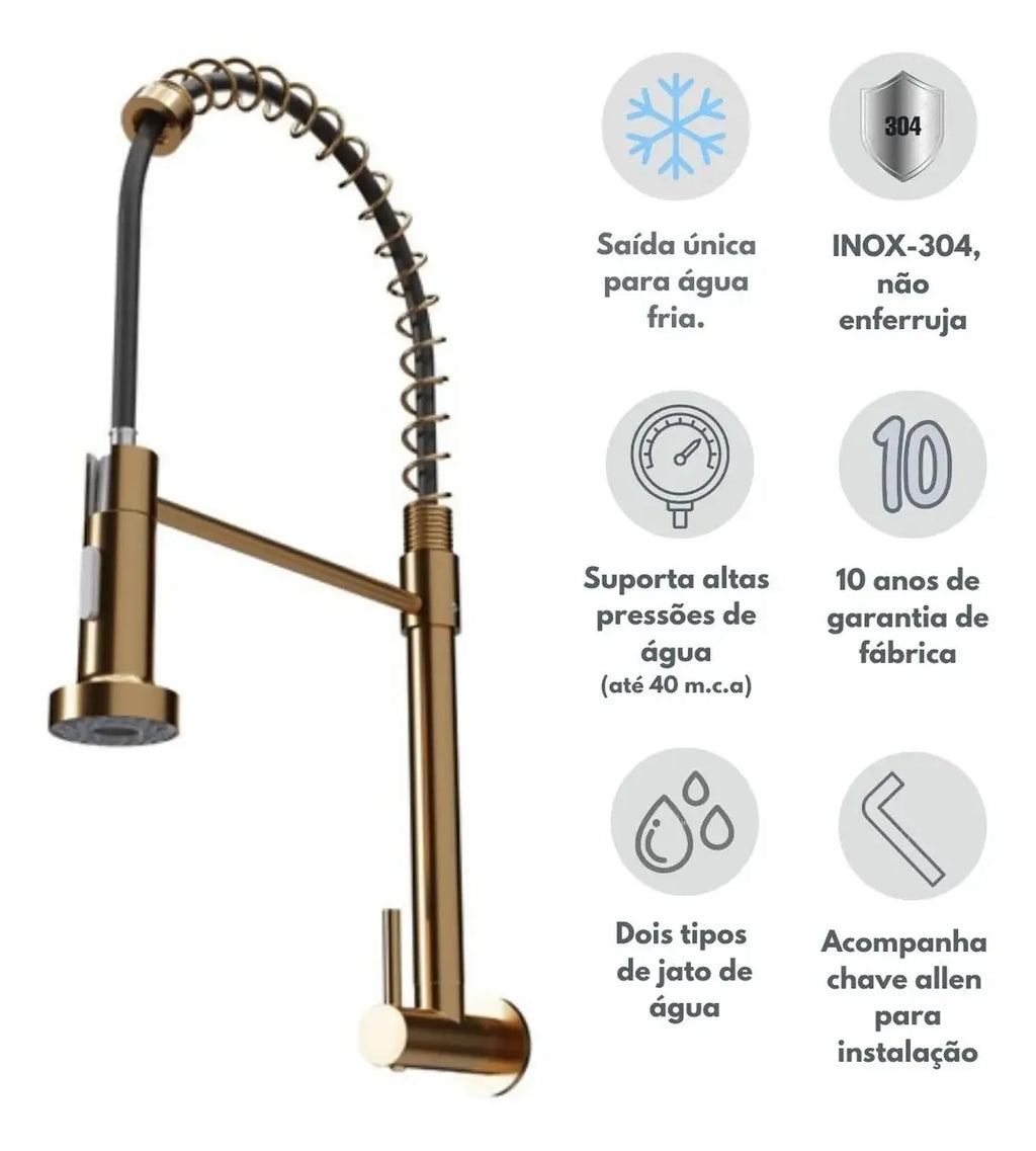 Torneira Gourmet  Rosê Gold Parede Cozinha Água Fria