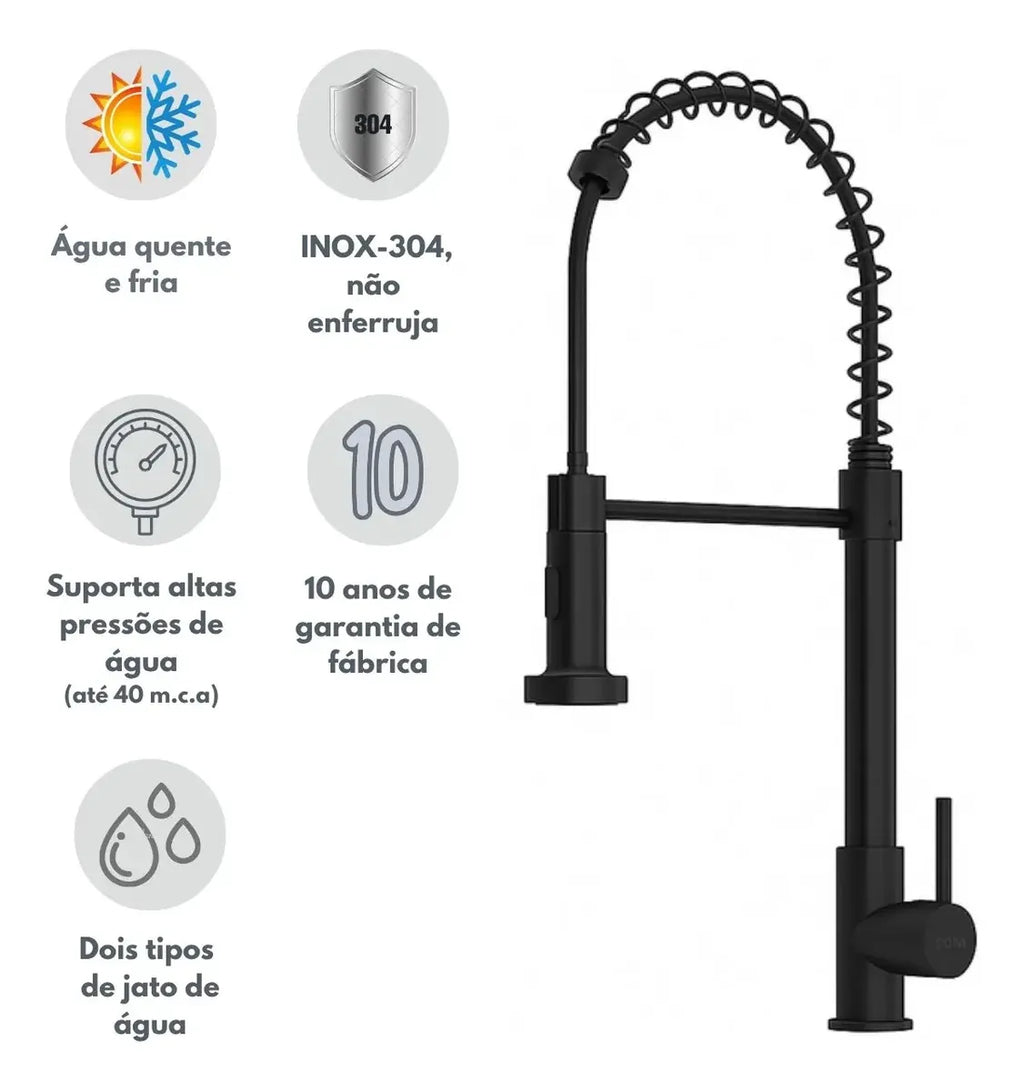 Torneira Cozinha Gourmet Monocomando Preto Fosco Q/F