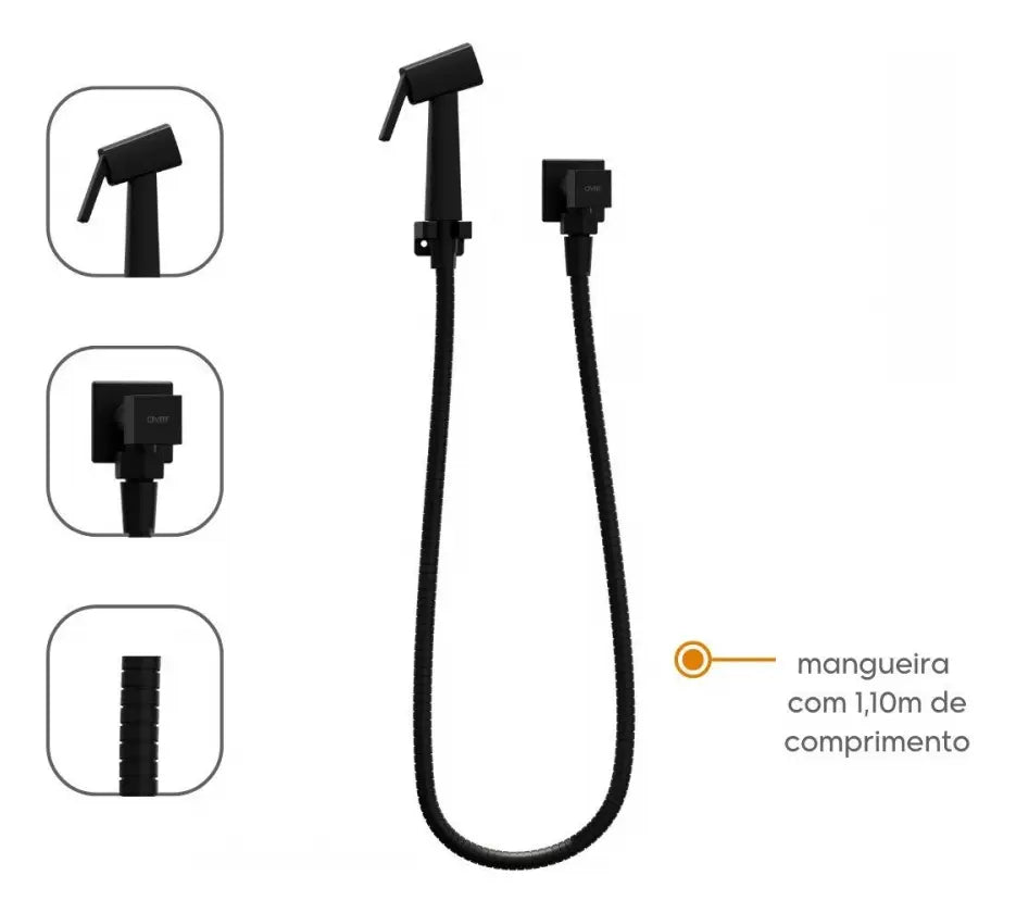Ducha Higiênica Chuveirinho Quadrada Metal Preta