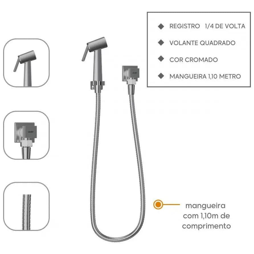 Ducha Higiênica Chuveirinho Quadrada Metal Cromada