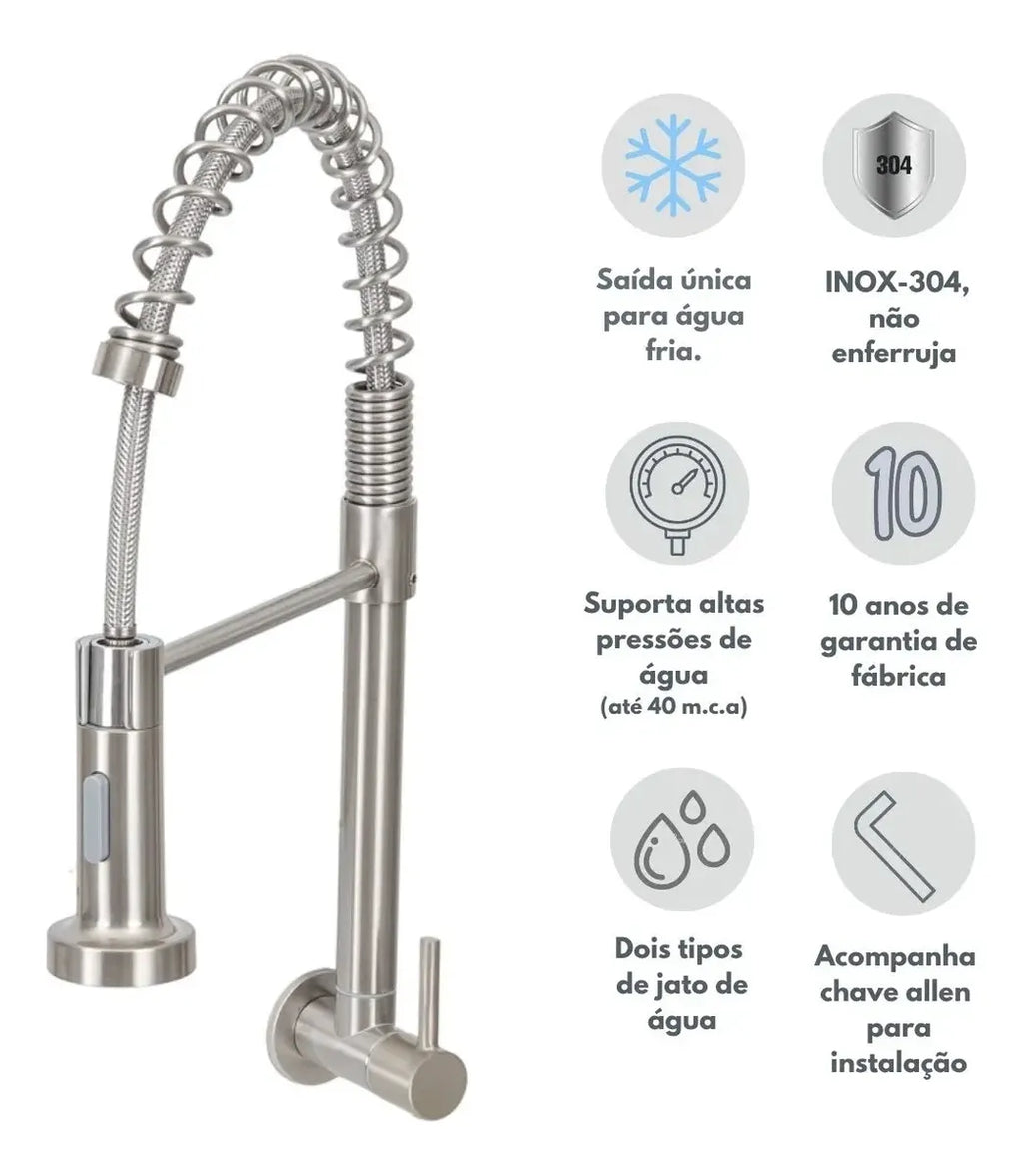 Torneira Gourmet Parede Cozinha Escovada Água Fria