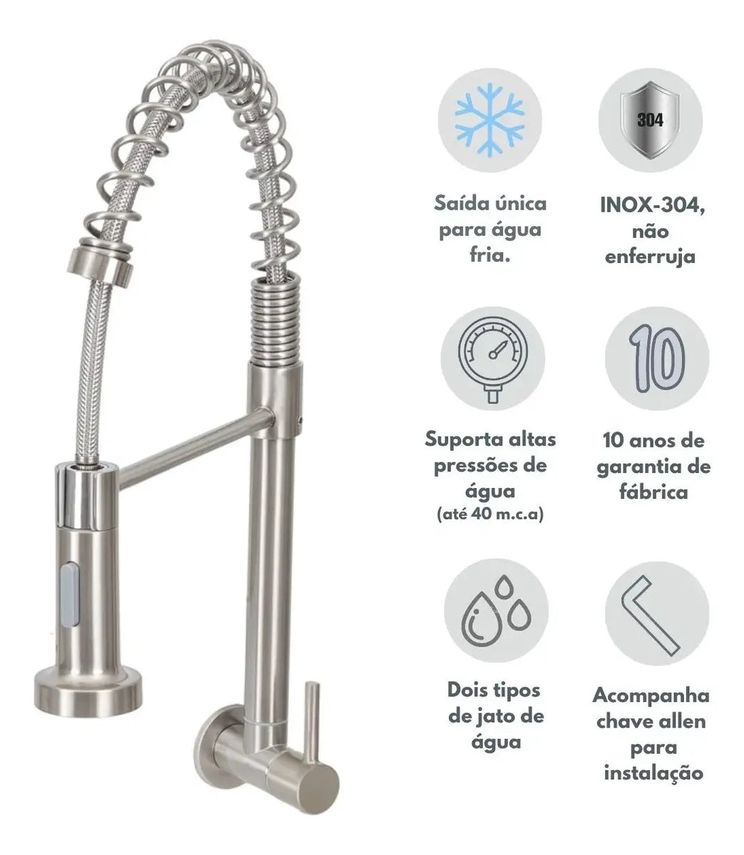 Torneira Gourmet Parede Cozinha Escovada Água Fria