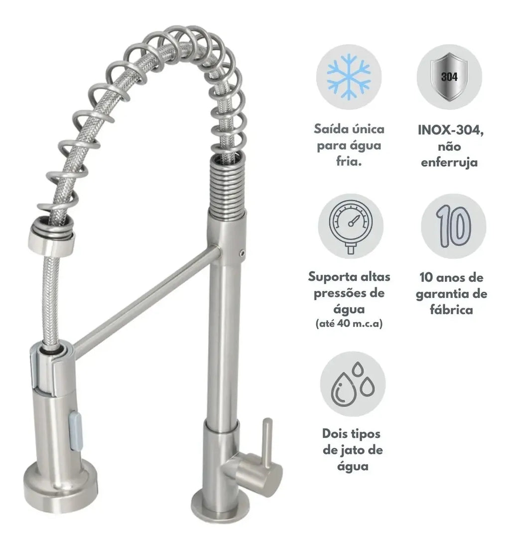 Torneira Gourmet Bancada Cozinha Escovada Água Fria
