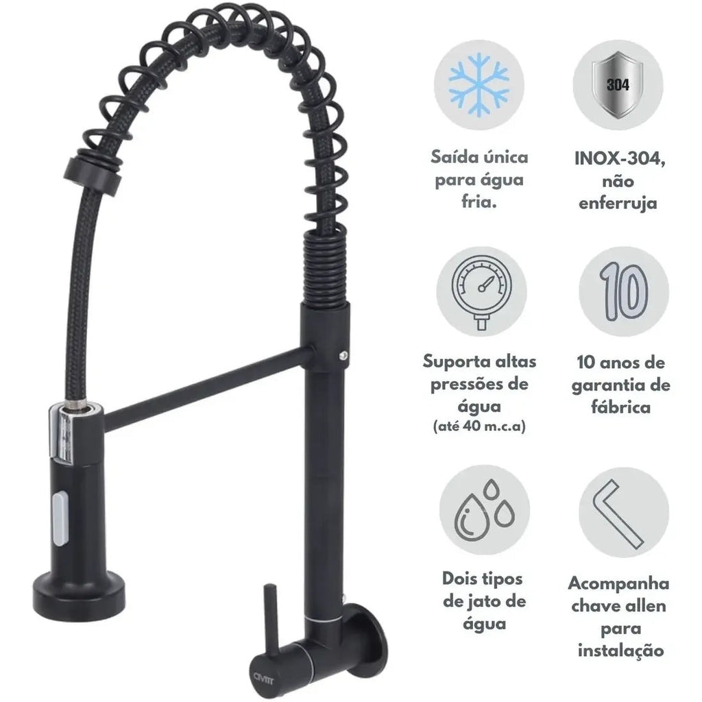 Torneira de parede Cozinha Metal Gourmet Preto