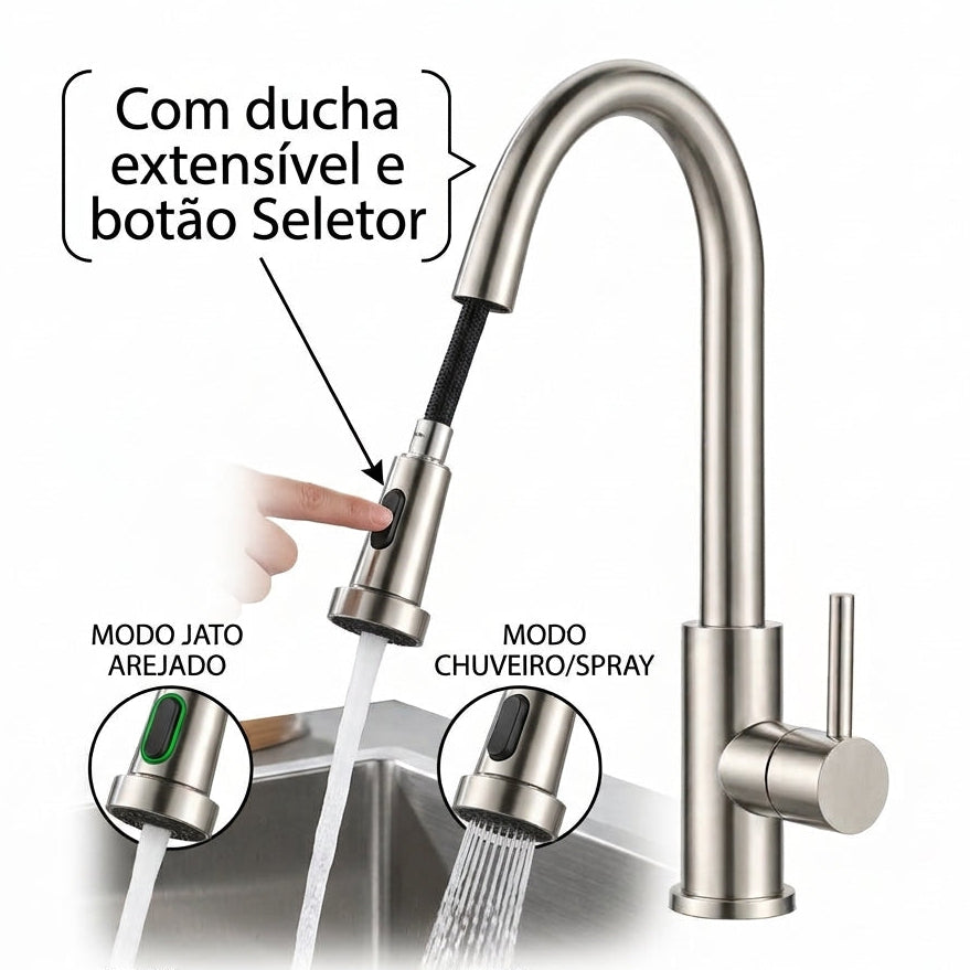 Torneira Gourmet Monocomando com Ducha Extensível Inox Escovado Q/F